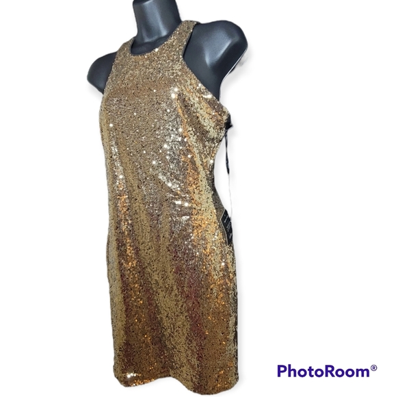 Lulus Gold Sequin Racer Back Sheath Mini Dress Size Medium. - Picture 2 of 8